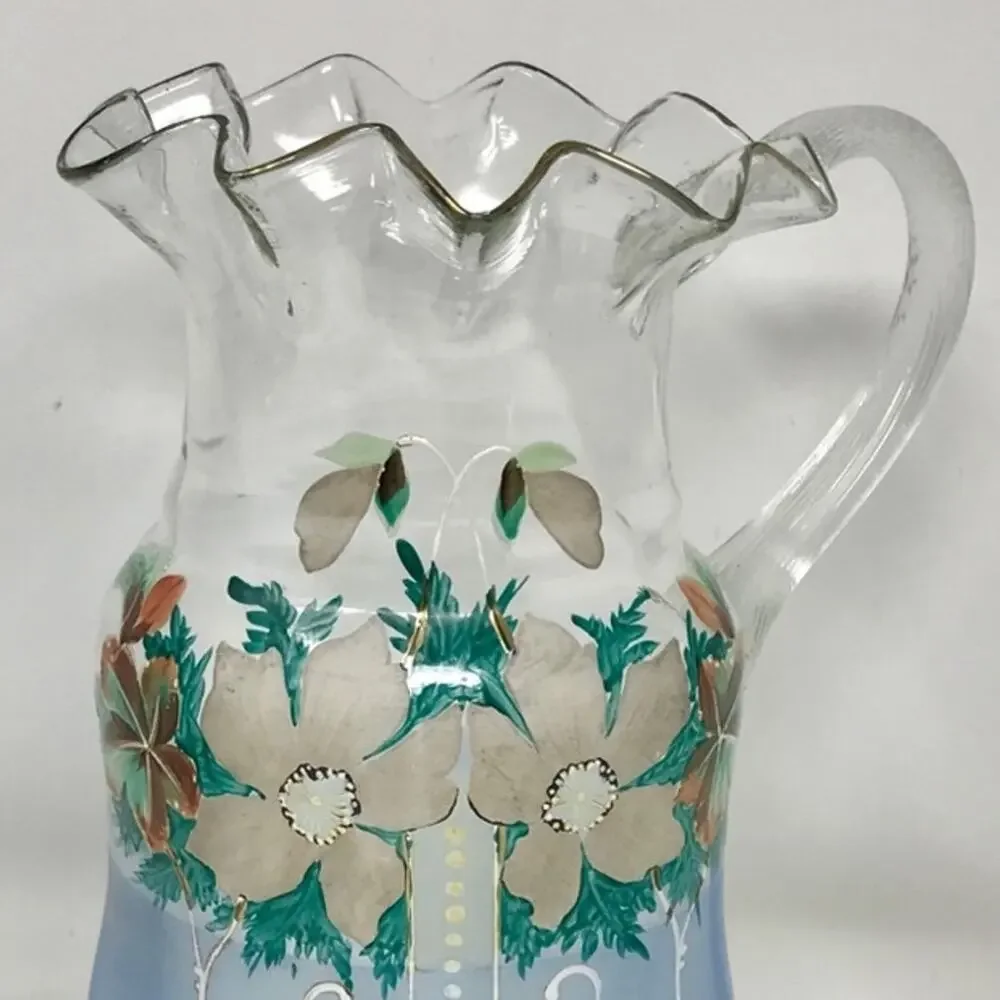 Victorian Hand Painted Pitcher Enameled  Blue Art Glass Floral Pitcher